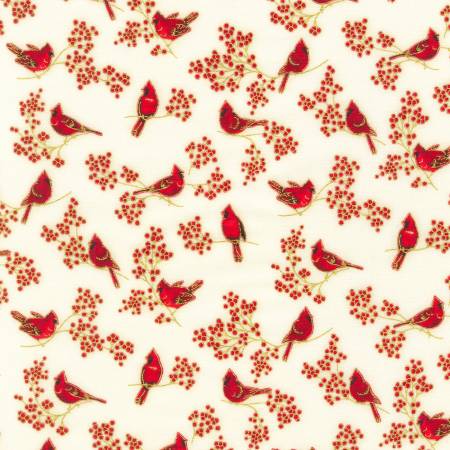 [SRKM-20967-15] Holiday Charms Birds Ivory w/Metallic Christmas