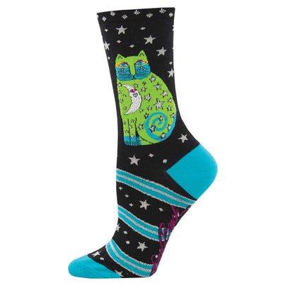 [WNC2178-BLK] Laurel Burch Celestial Moon Cat Black Socks